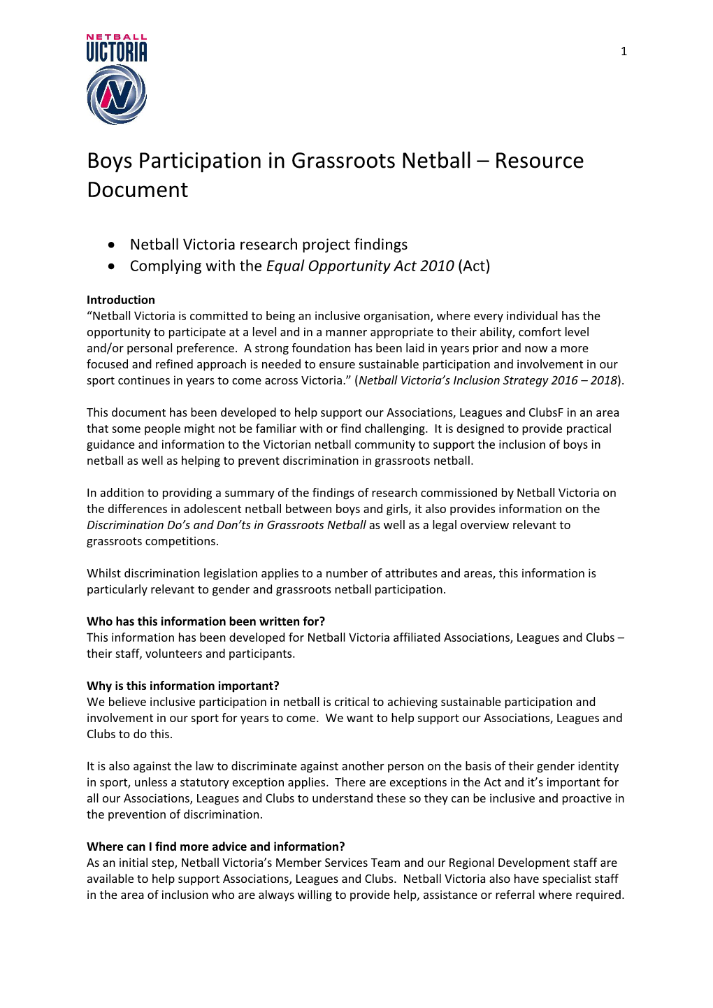 Boys Participation in Grassroots Netball 2016