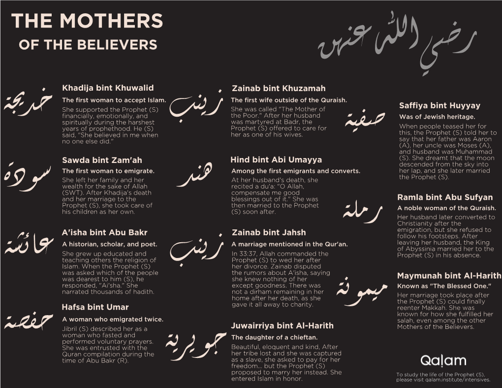 THE MOTHERS ﺭﺿﻲ ﺍﷲ ﻋﻨﻬﻦ of the BELIEVERS Khadija Bint Khuwalid Zainab Bint Khuzamah the ﬁrst Woman to Accept Islam