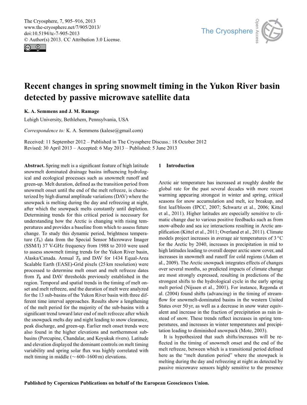 Recent Changes in Spring Snowmelt Timing in the Yukon River Basin Detected by Passive Microwave Satellite Data