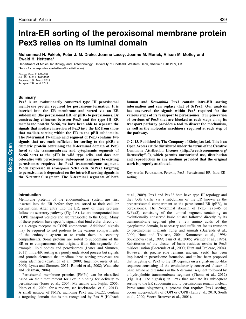 Intra-ER Sorting of the Peroxisomal Membrane Protein Pex3 Relies on Its Luminal Domain