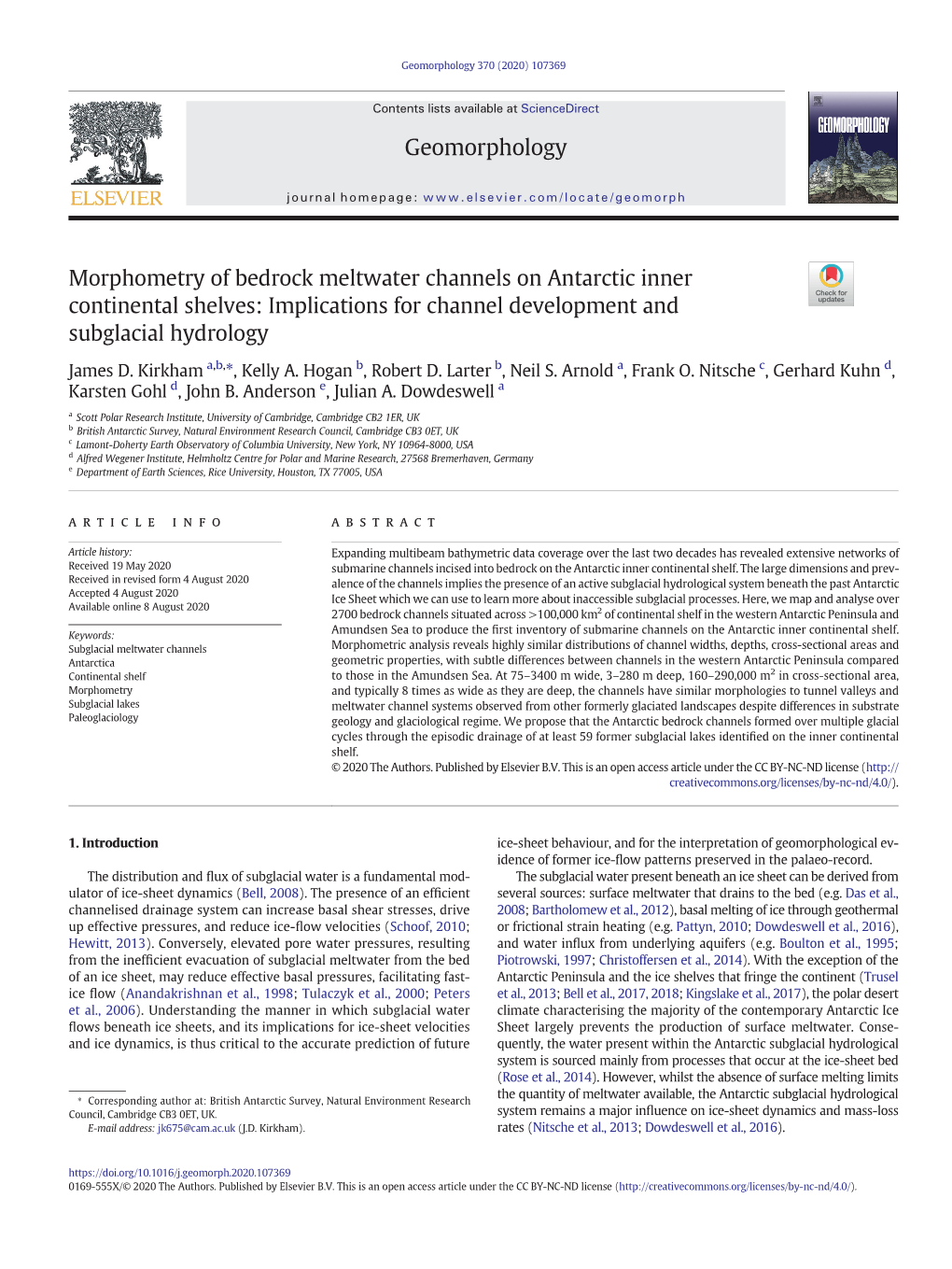 Morphometry of Bedrock Meltwater Channels on Antarctic Inner Continental Shelves: Implications for Channel Development and Subglacial Hydrology