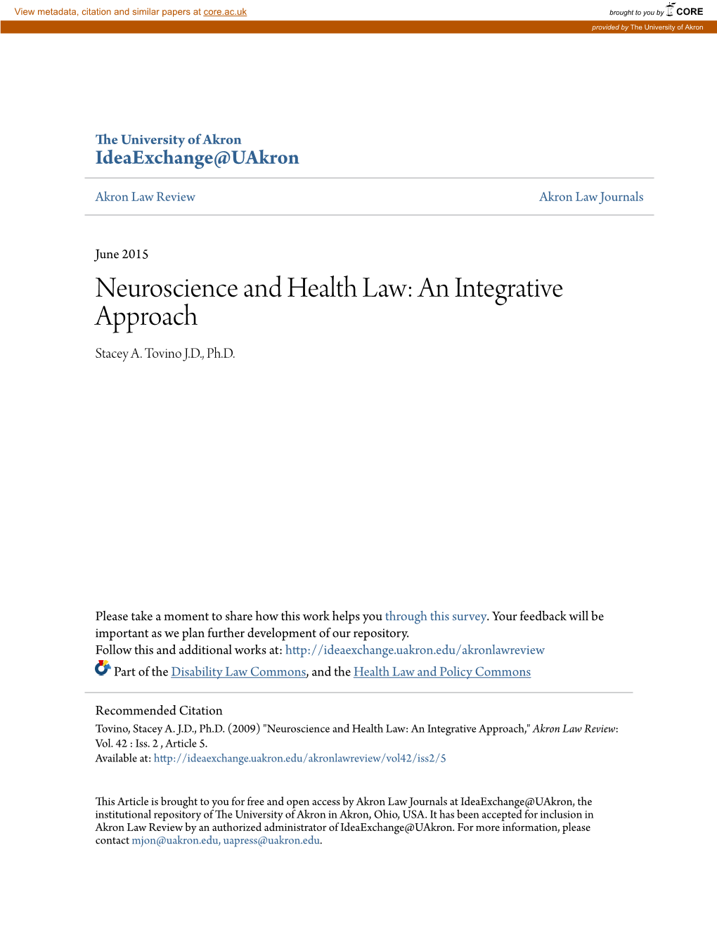 Neuroscience and Health Law: an Integrative Approach Stacey A