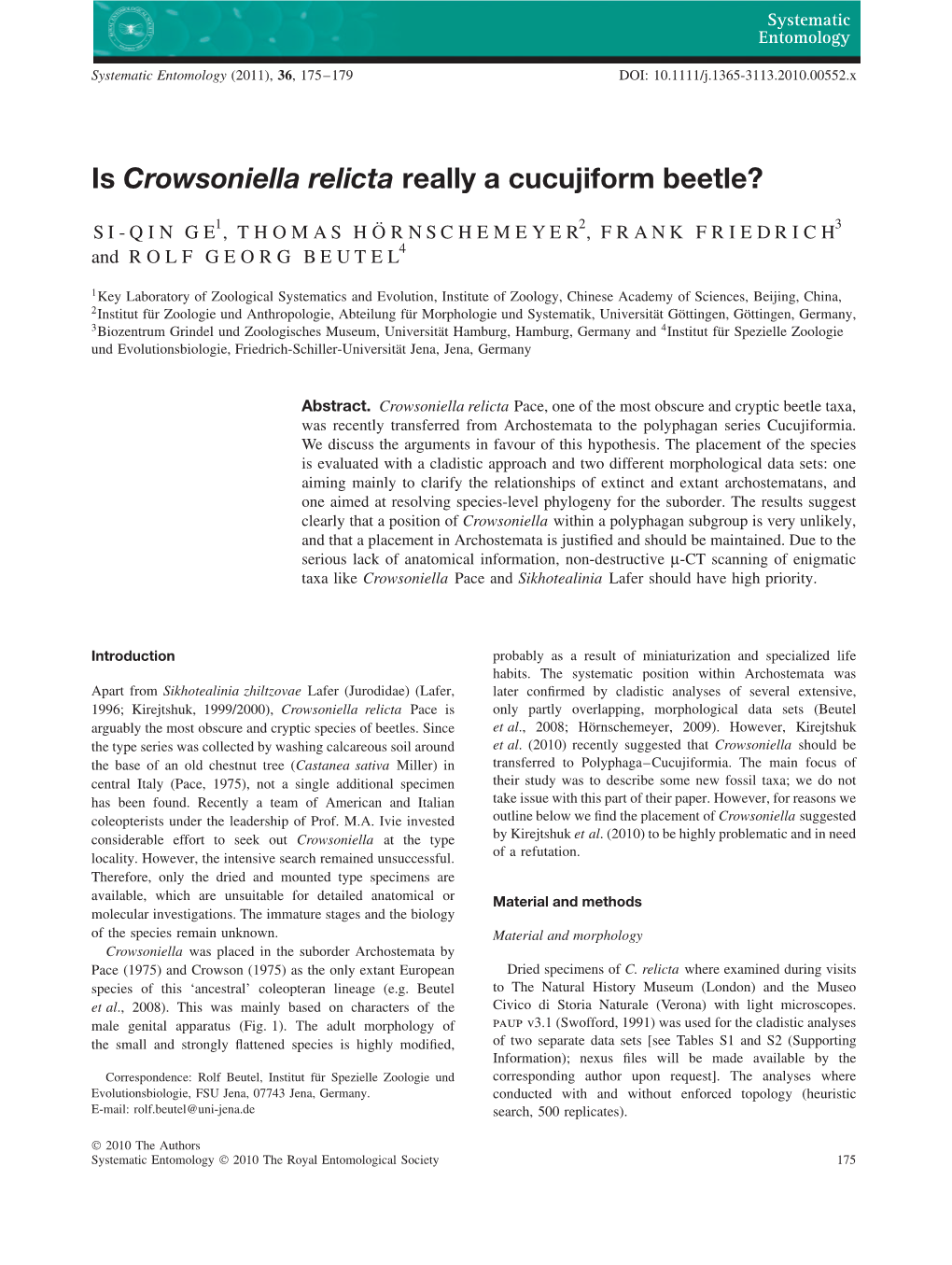 Is Crowsoniella Relicta Really a Cucujiform Beetle?
