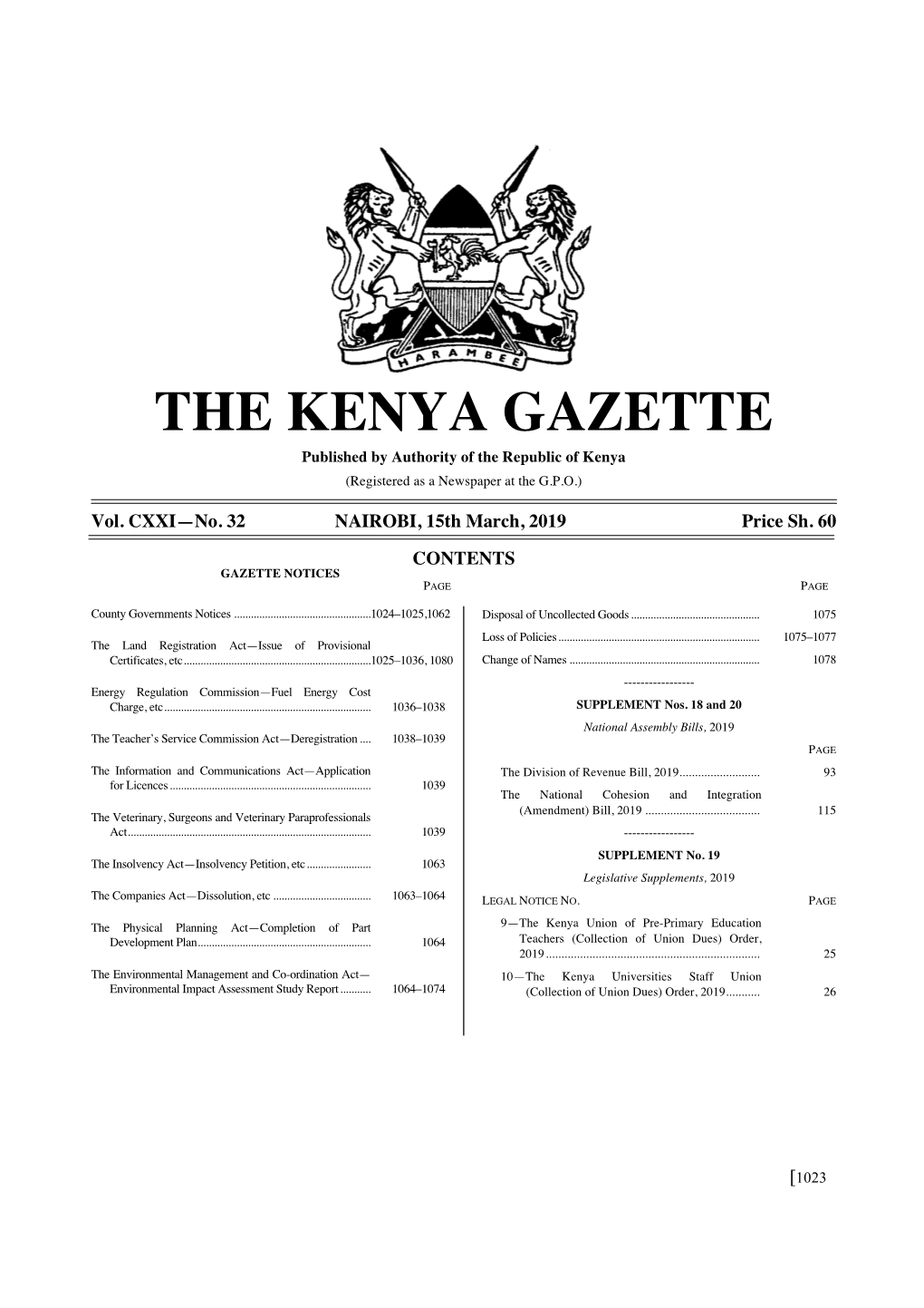 THE KENYA GAZETTE Published by Authority of the Republic of Kenya (Registered As a Newspaper at the G.P.O.)