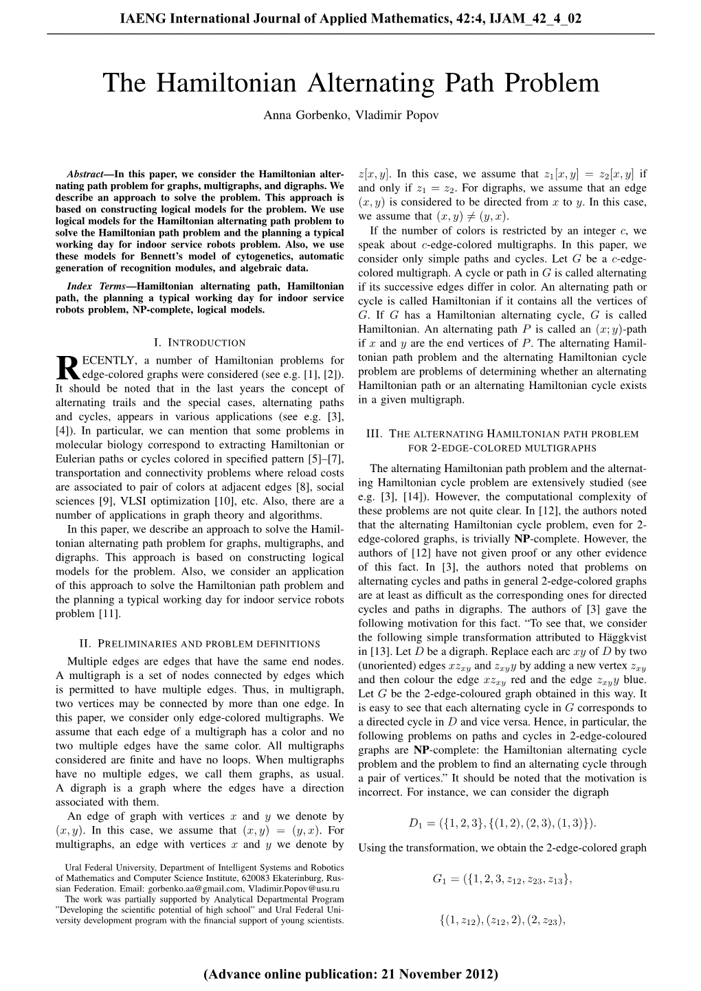 The Hamiltonian Alternating Path Problem Anna Gorbenko, Vladimir Popov