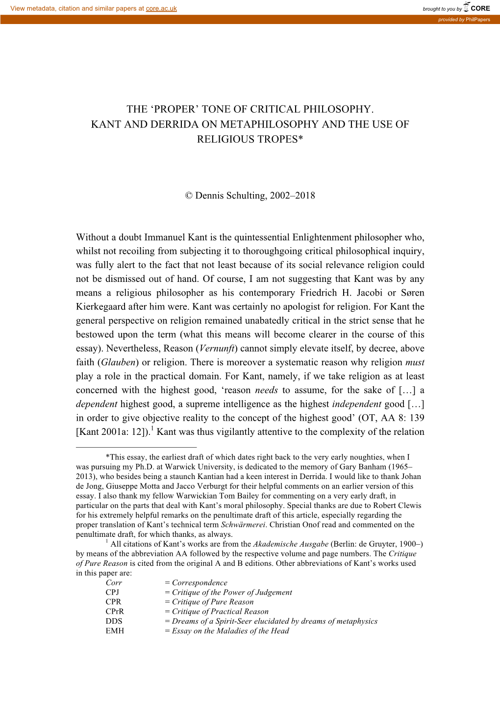 Tone of Critical Philosophy. Kant and Derrida on Metaphilosophy and the Use of Religious Tropes*