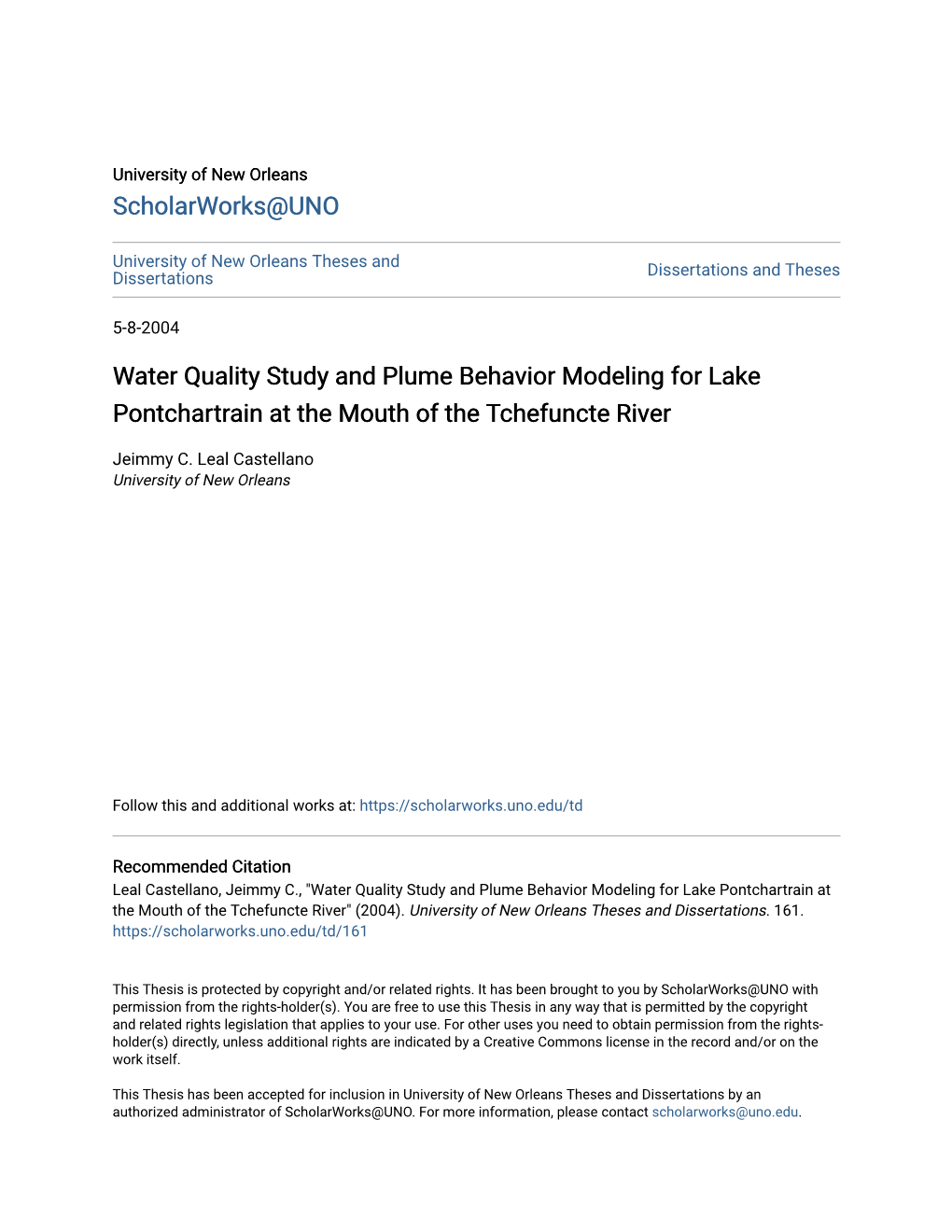 Water Quality Study and Plume Behavior Modeling for Lake Pontchartrain at the Mouth of the Tchefuncte River