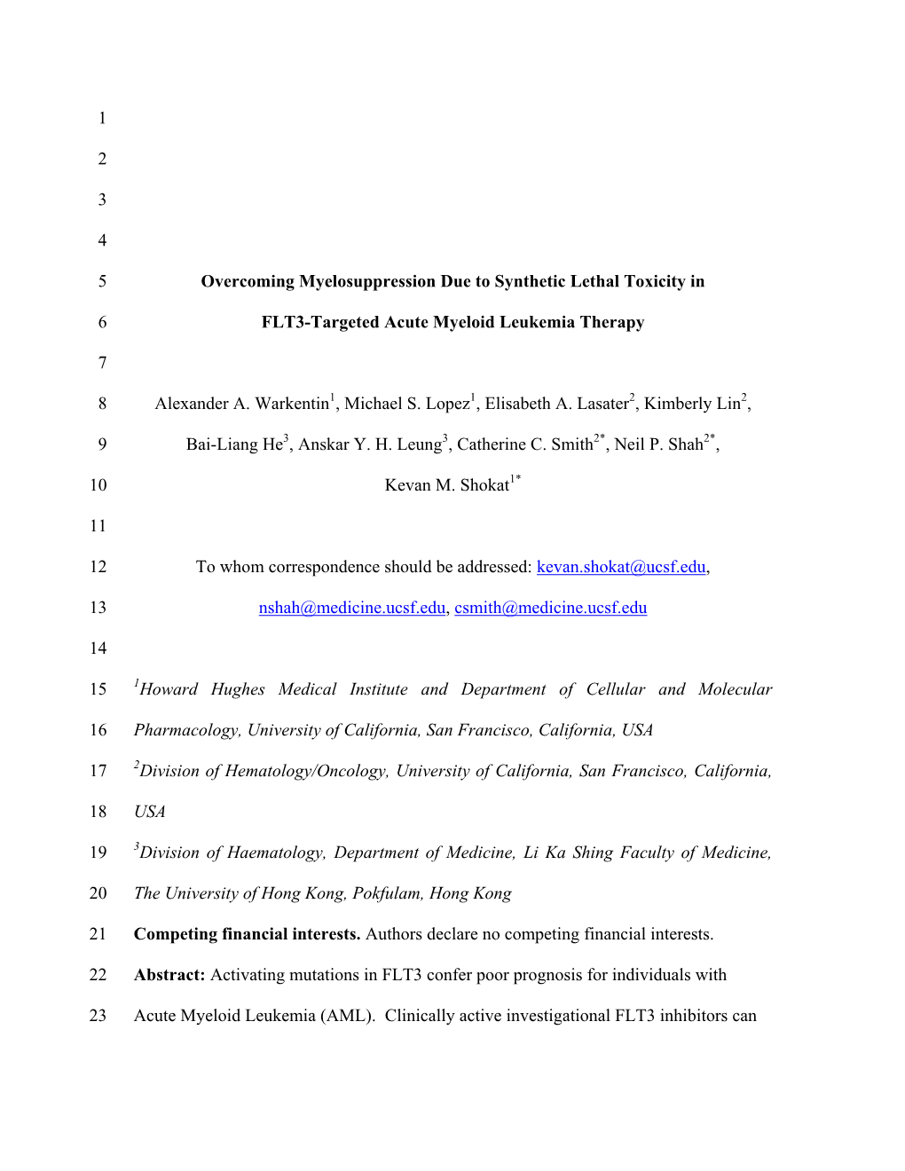 1 2 3 4 Overcoming Myelosuppression Due to Synthetic Lethal Toxicity In