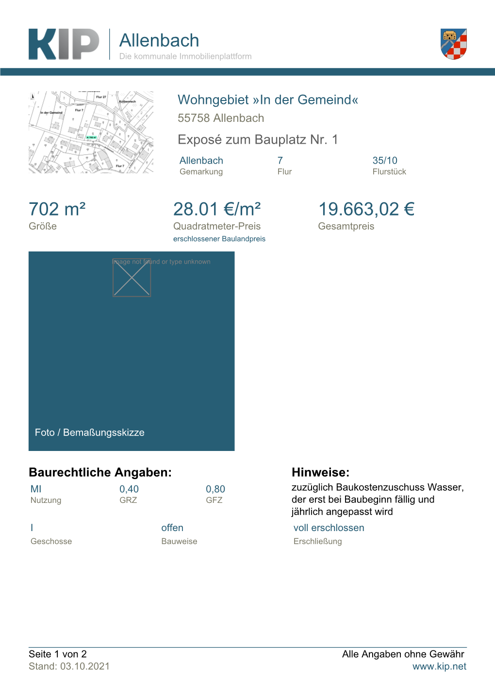 Allenbach 702 M² 28.01 €/M² 19.663,02 €
