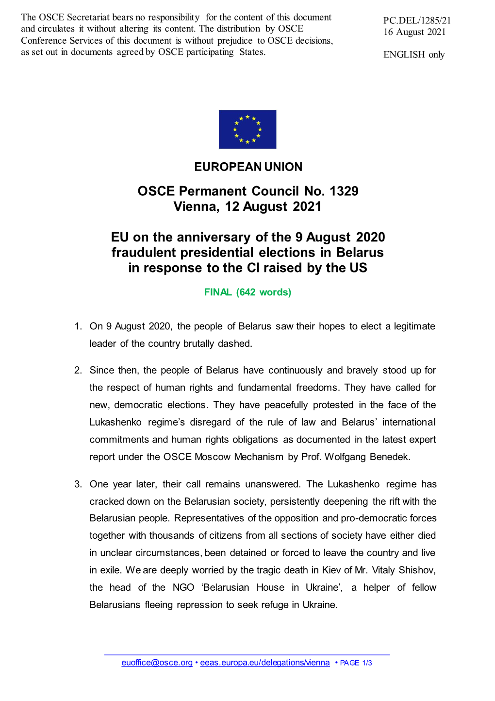 OSCE Permanent Council No. 1329 Vienna, 12 August 2021 EU on The