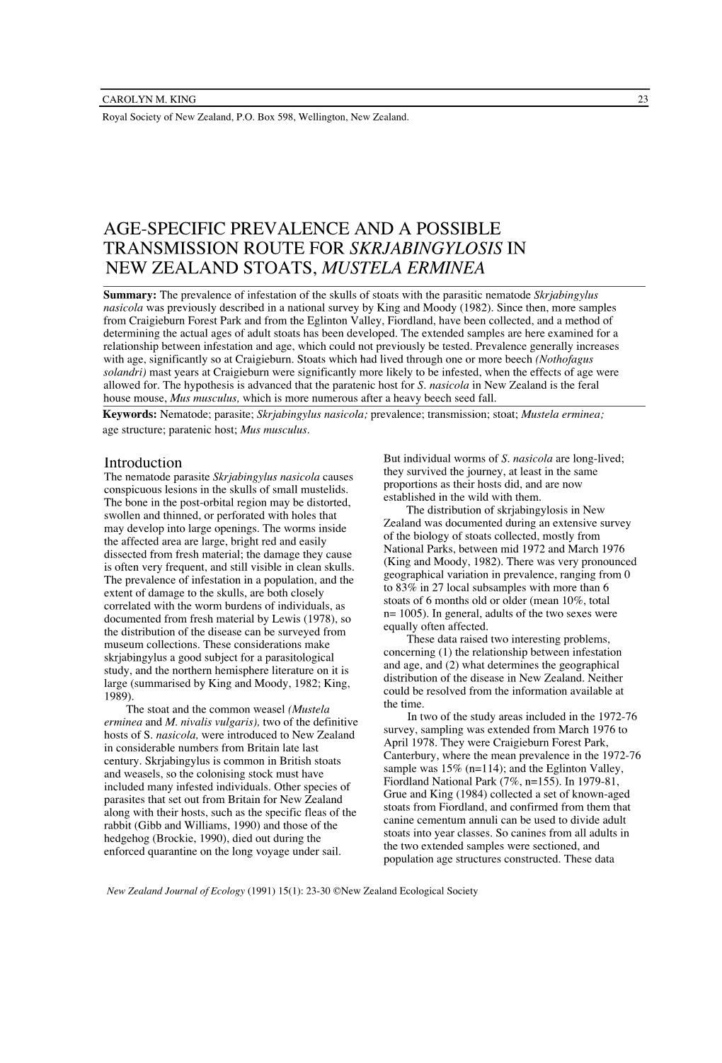 Age-Specific Prevalence and a Possible Transmission Route for Skrjabingylosis in New Zealand Stoats, Mustela Erminea