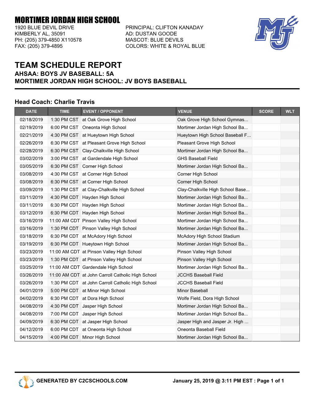 Mortimer Jordan High School Team Schedule Report