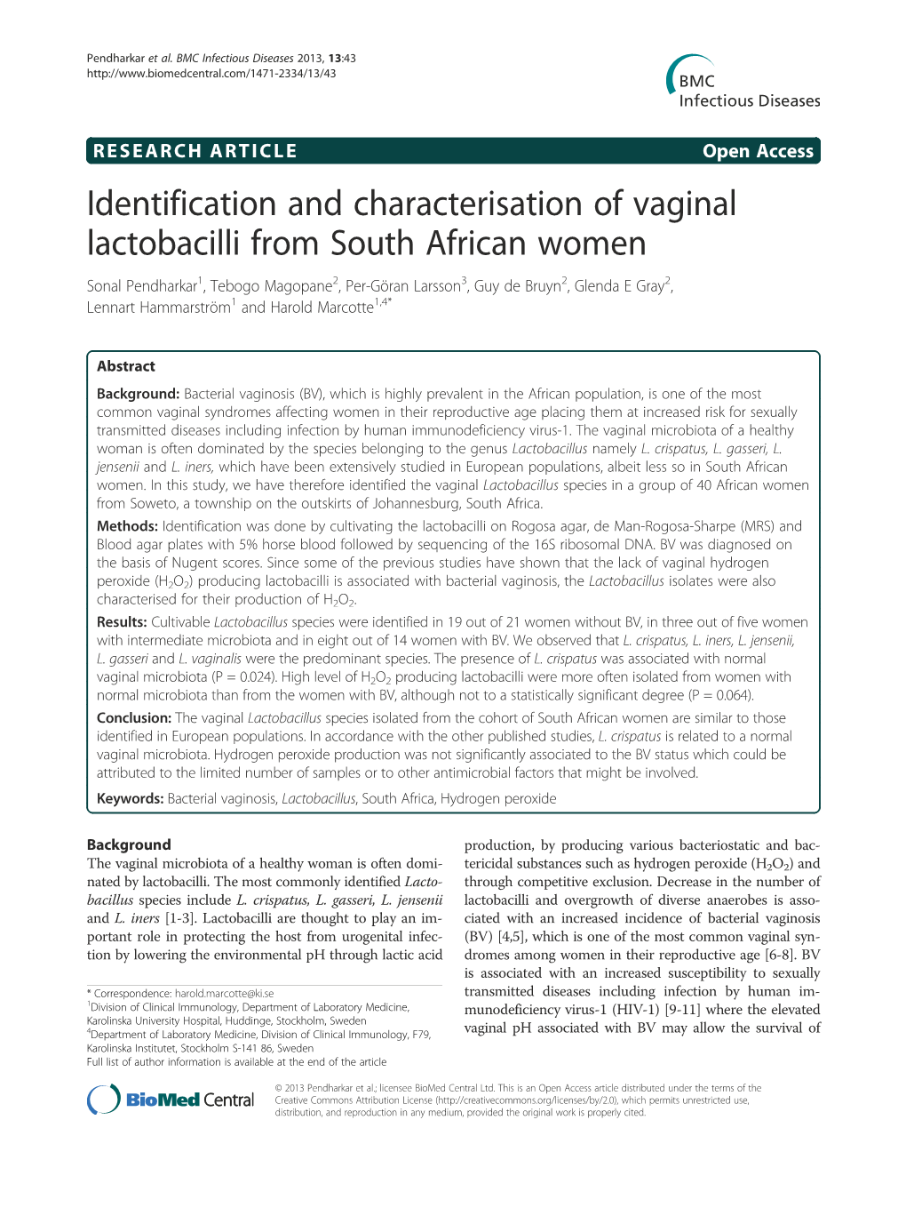 Identification and Characterisation of Vaginal Lactobacilli from South