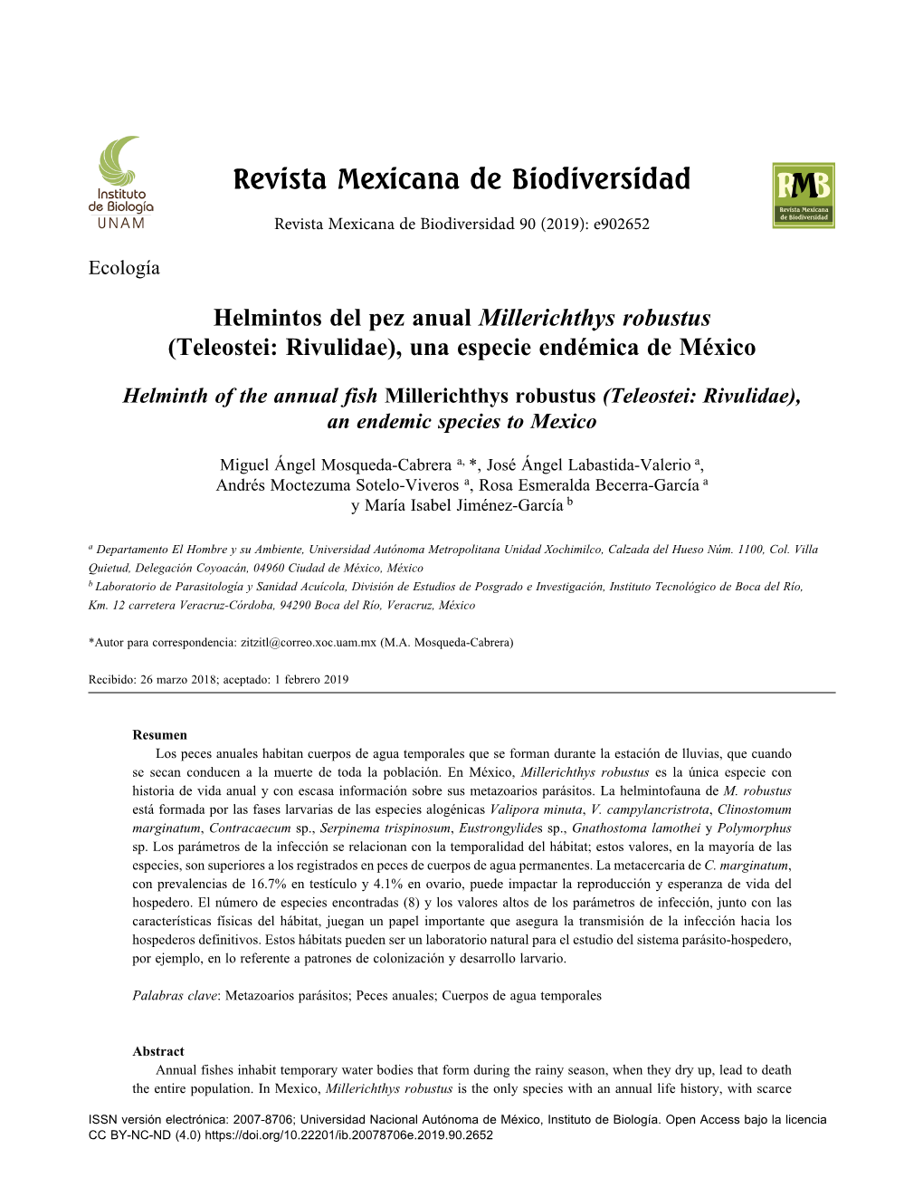 Helmintos Del Pez Anual Millerichthys Robustus (Teleostei: Rivulidae), Una Especie Endémica De México