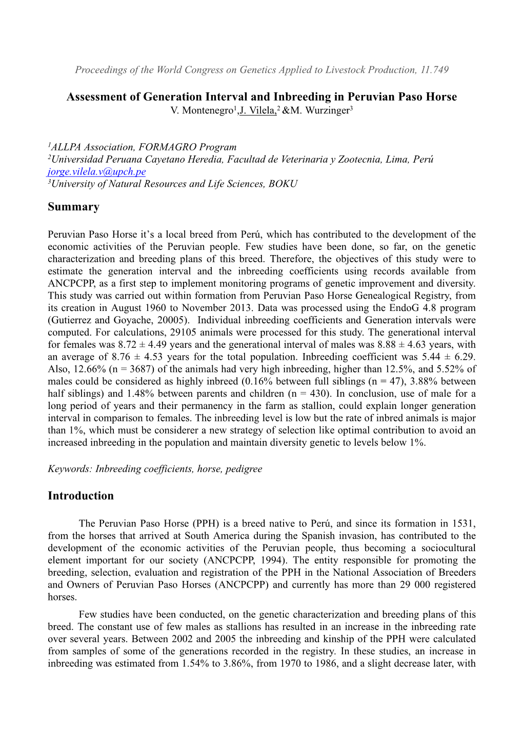 Assessment of Generation Interval and Inbreeding in Peruvian Paso Horse V