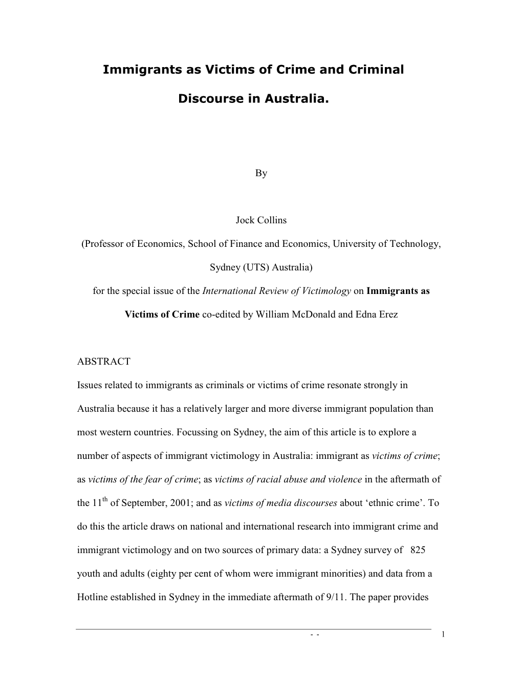 Immigrants As Victims of Crime and Criminal Discourse in Australia
