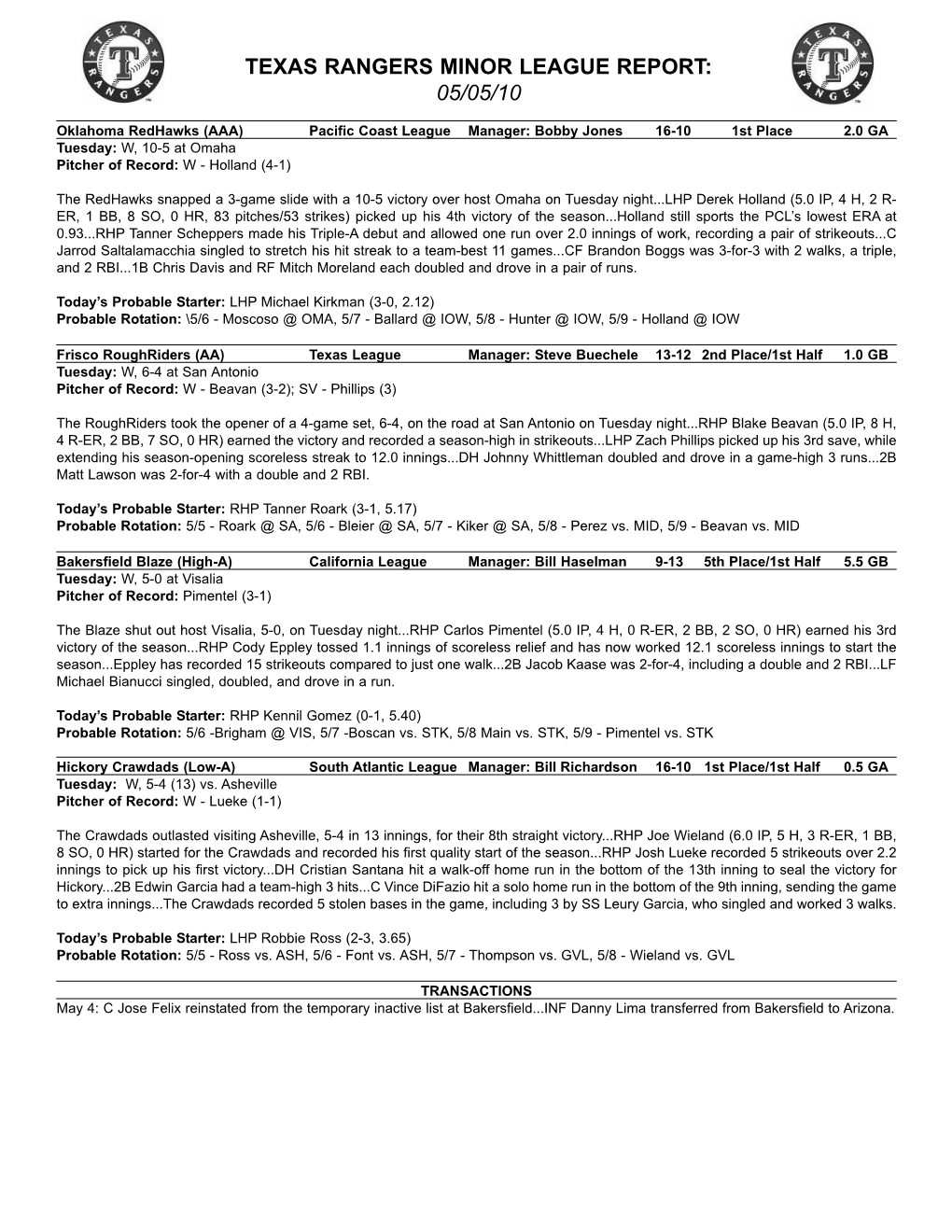 05-05-2010 Rangers Minor League Report