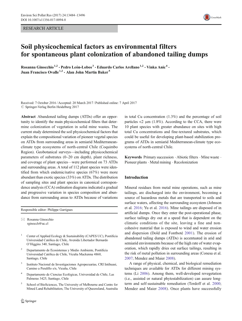 Soil Physicochemical Factors As Environmental Filters for Spontaneous Plant Colonization of Abandoned Tailing Dumps