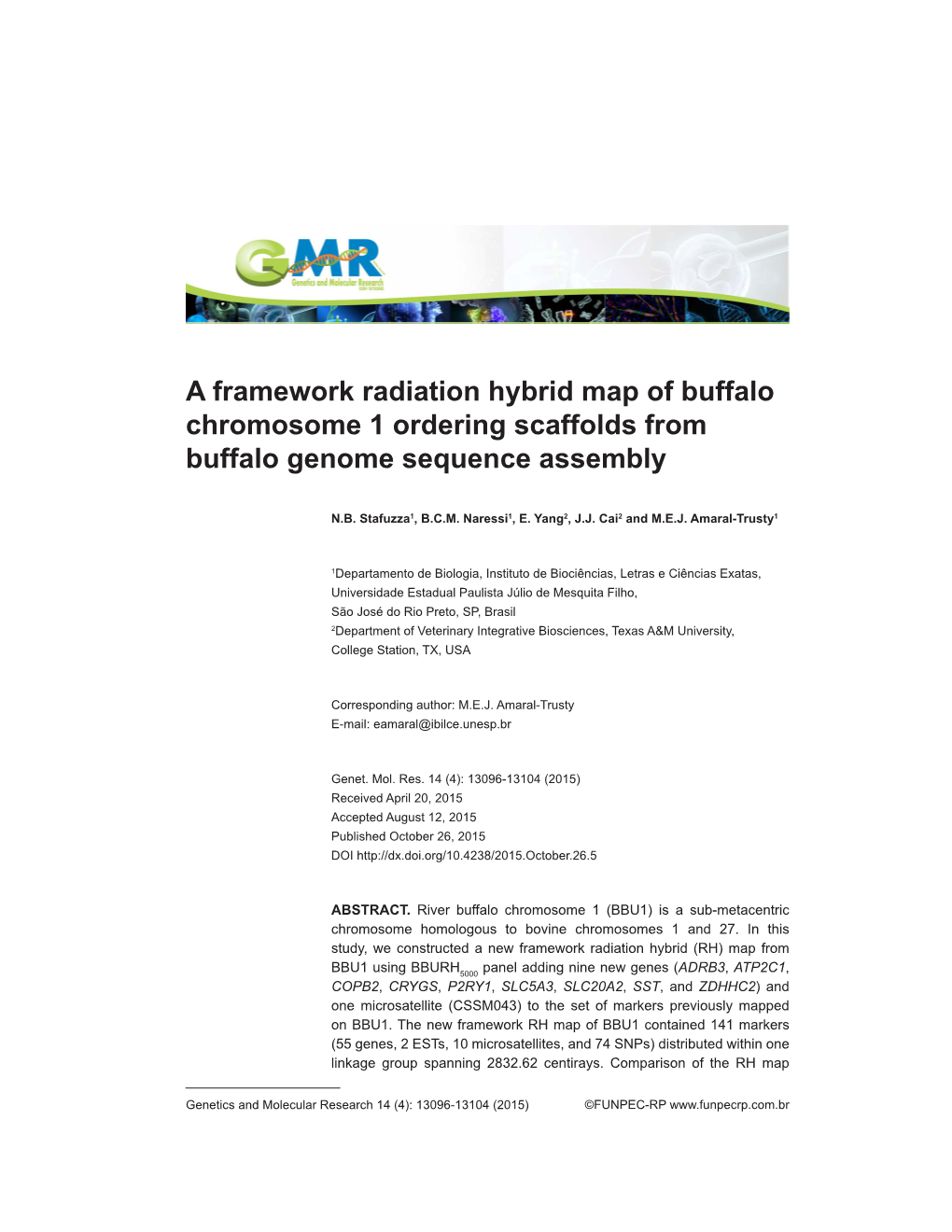 A Framework Radiation Hybrid Map of Buffalo Chromosome 1 Ordering Scaffolds from Buffalo Genome Sequence Assembly