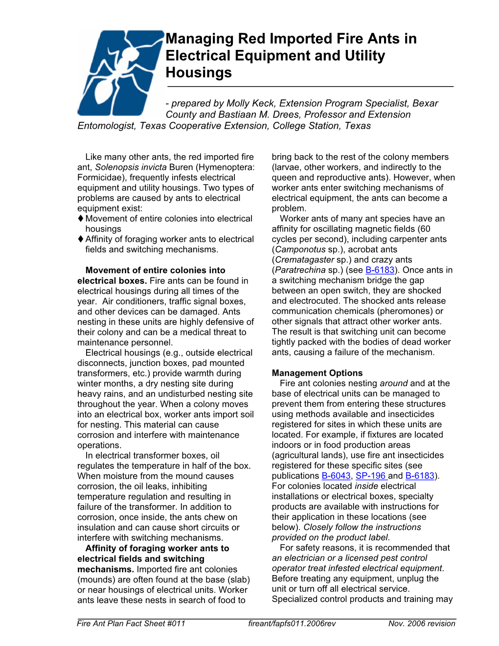 Managing Red Imported Fire Ants in Electrical Equipment and Utility Housings