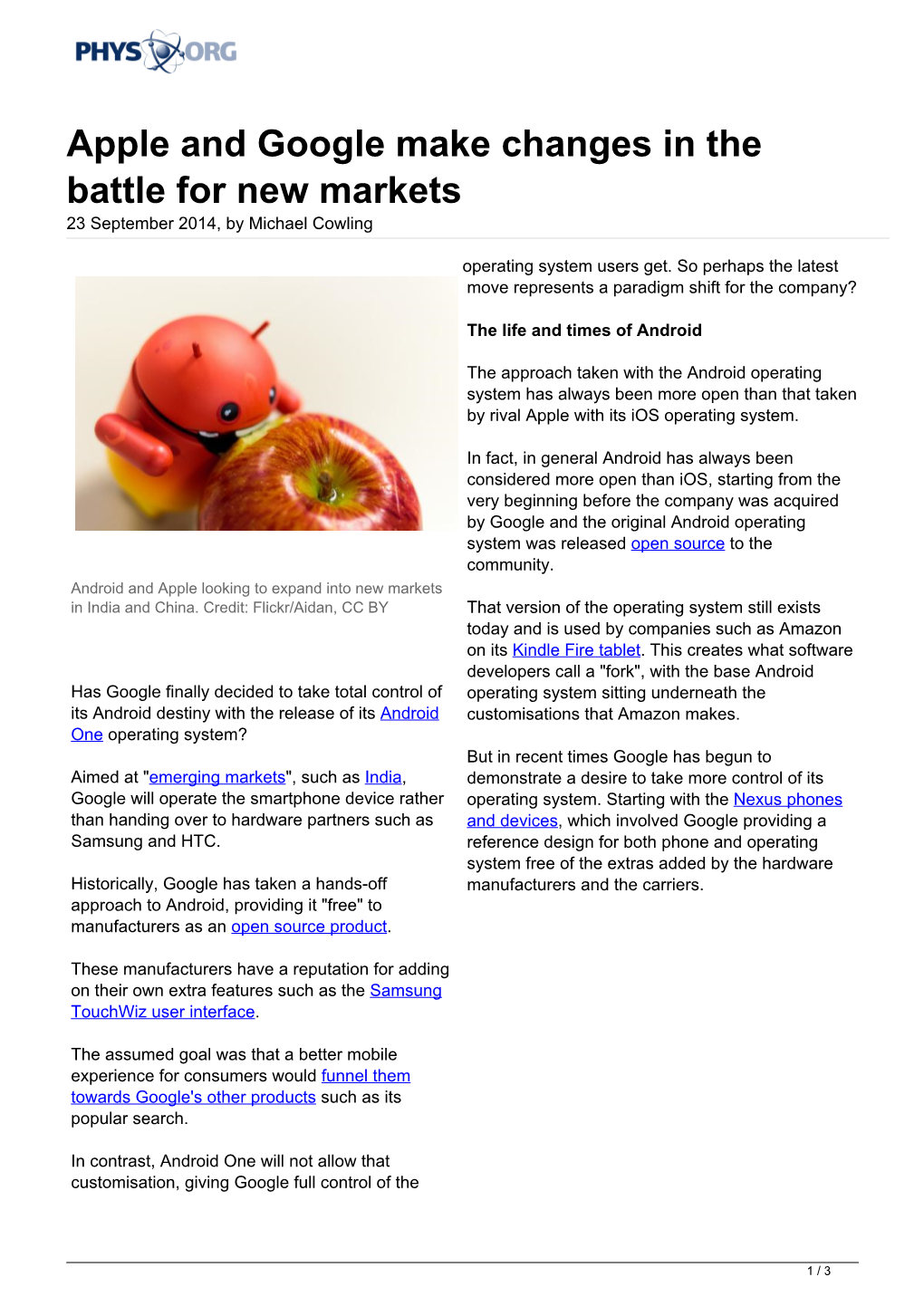 Apple and Google Make Changes in the Battle for New Markets 23 September 2014, by Michael Cowling