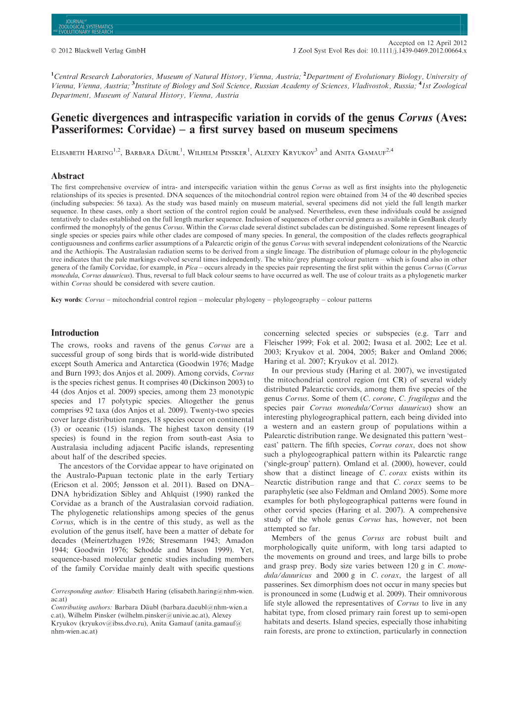 Genetic Divergences and Intraspecific Variation in Corvids of the Genus