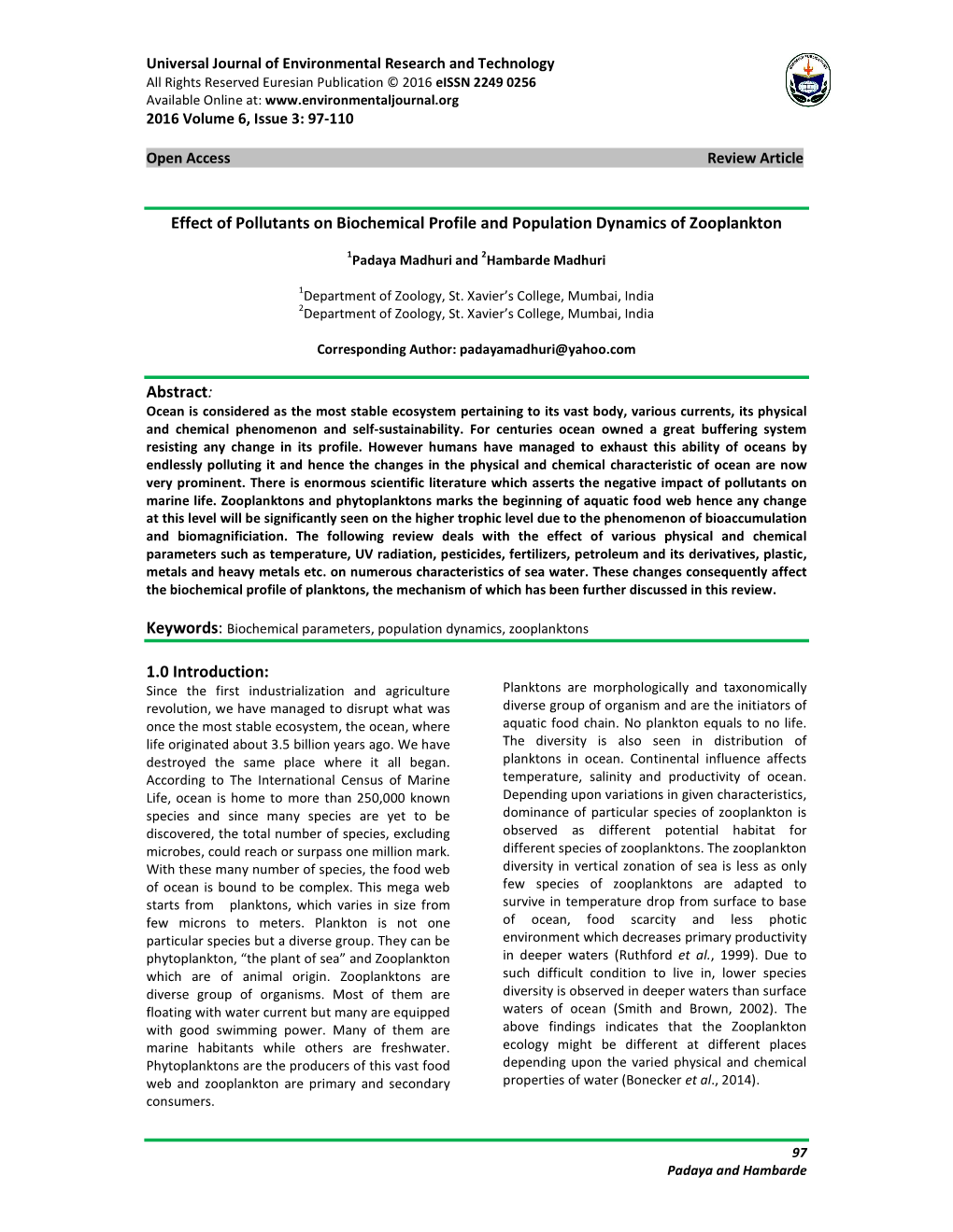 Effect of Pollutants on Biochemical Profile and Population Dynamics of Zooplankton