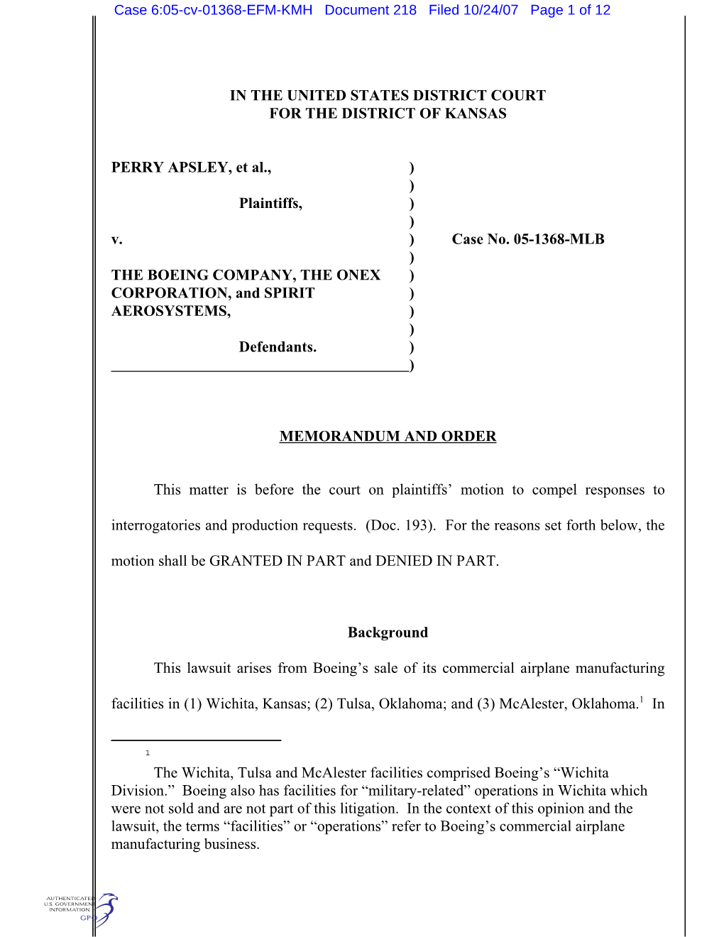 Case 6:05-Cv-01368-EFM-KMH Document 218 Filed 10/24/07 Page 1 of 12