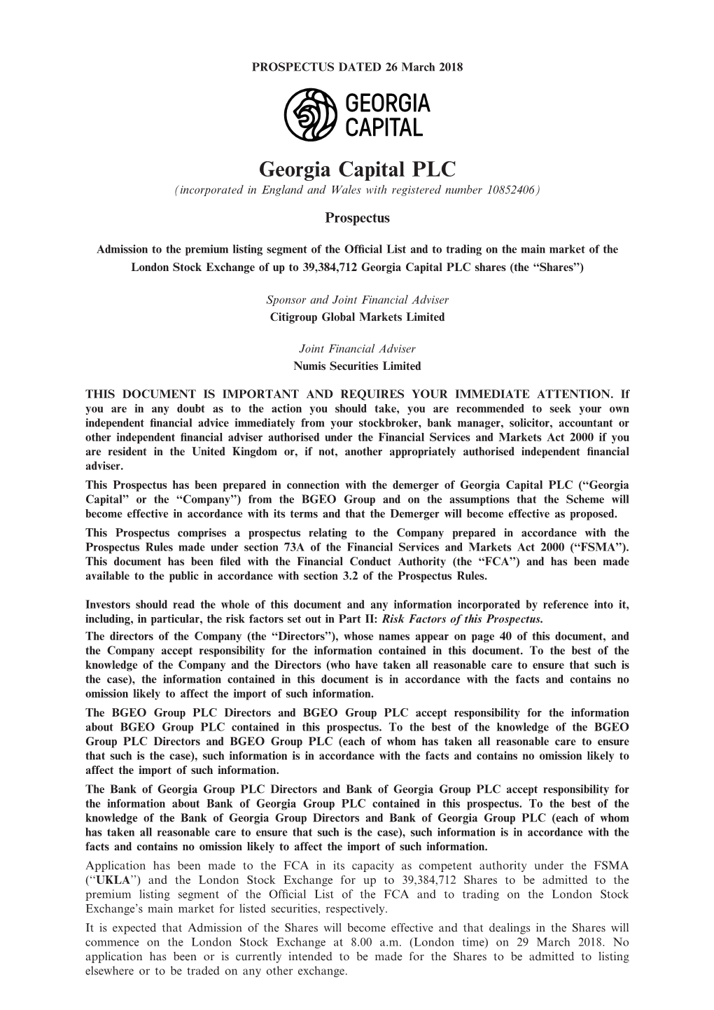 Georgia Capital PLC Prospectus