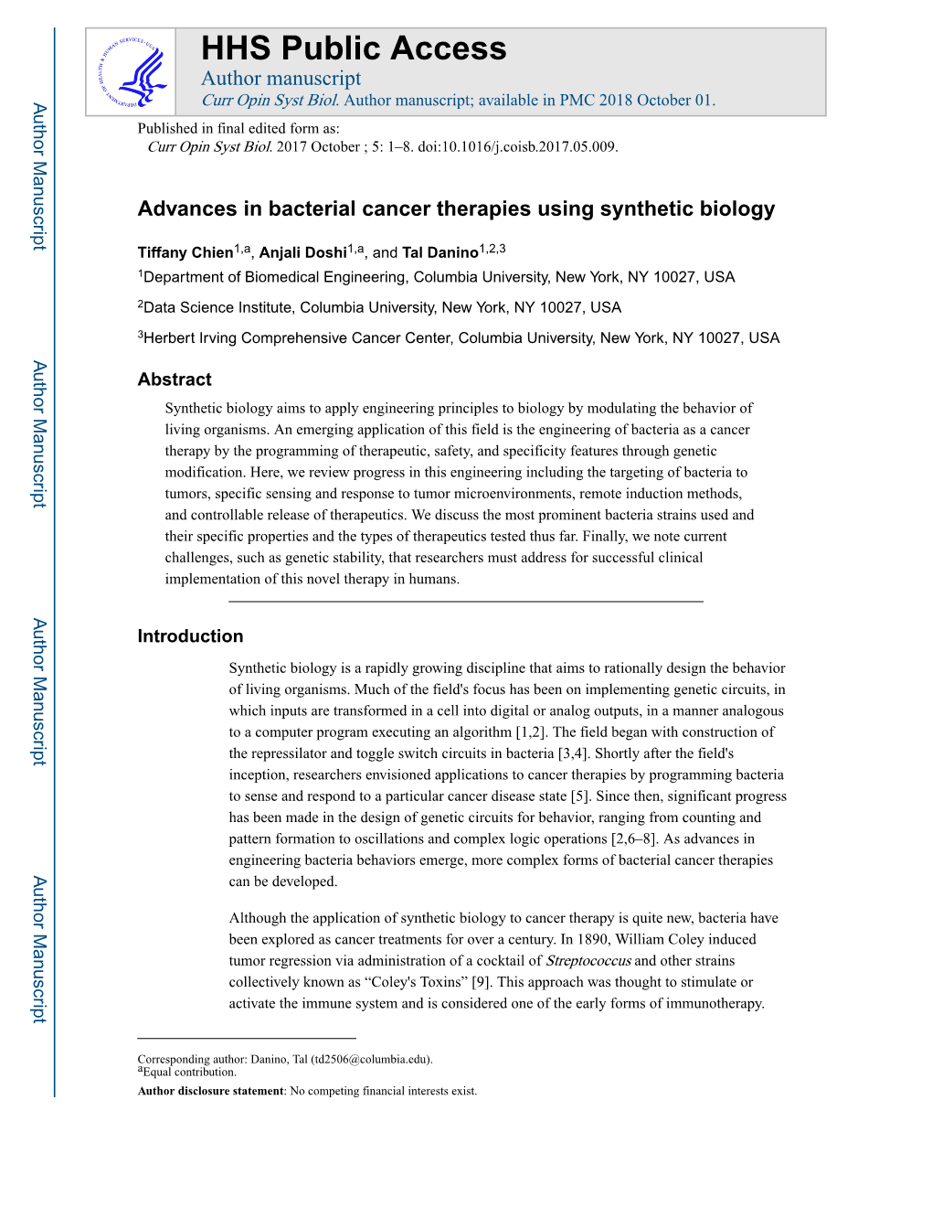 Advances in Bacterial Cancer Therapies Using Synthetic Biology
