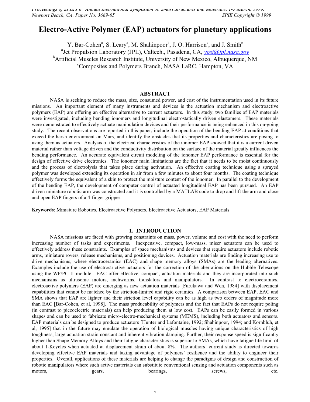 Electro-Active Polymer (EAP) Actuators for Planetary Applications