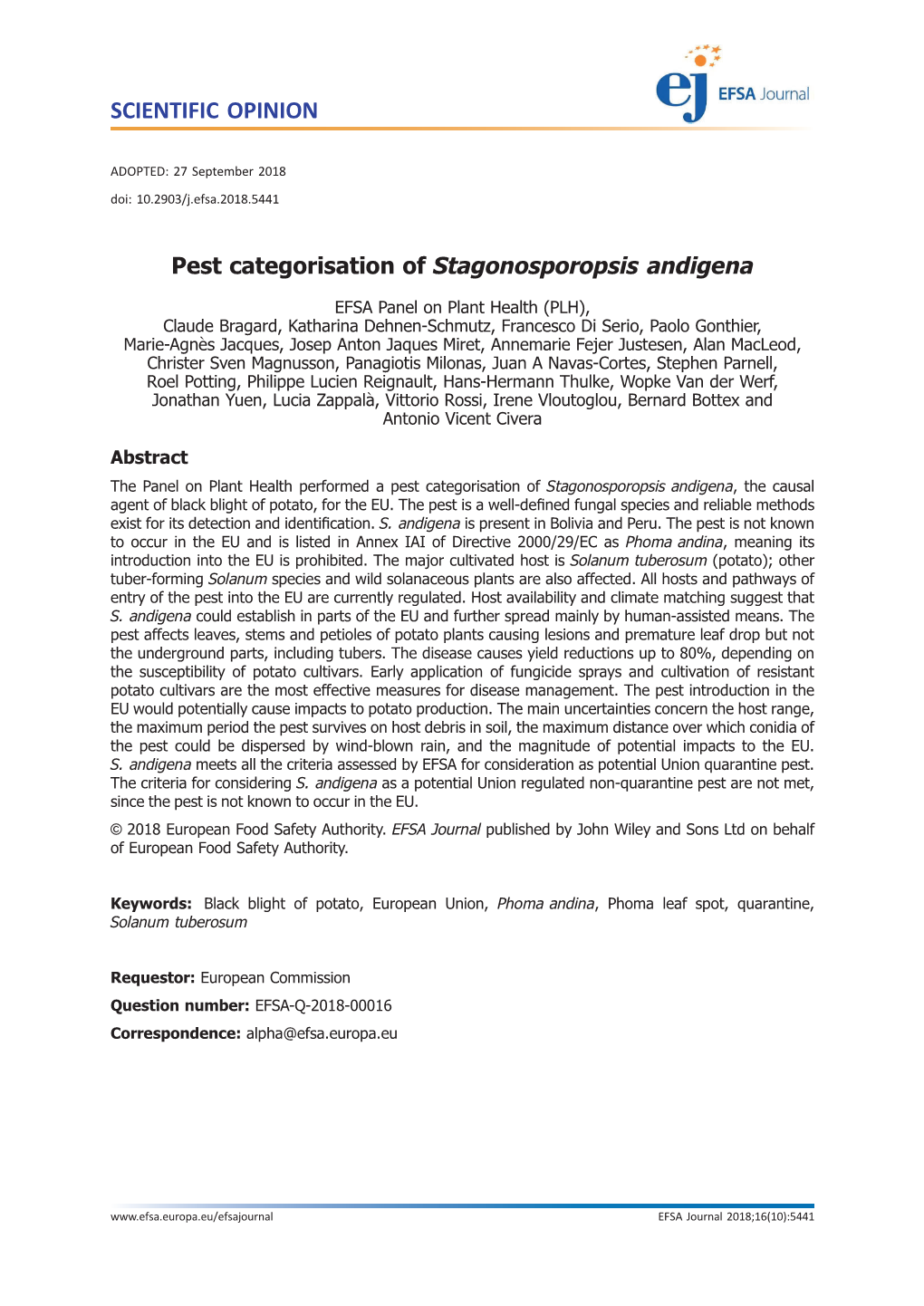 Pest Categorisation of Stagonosporopsis Andigena