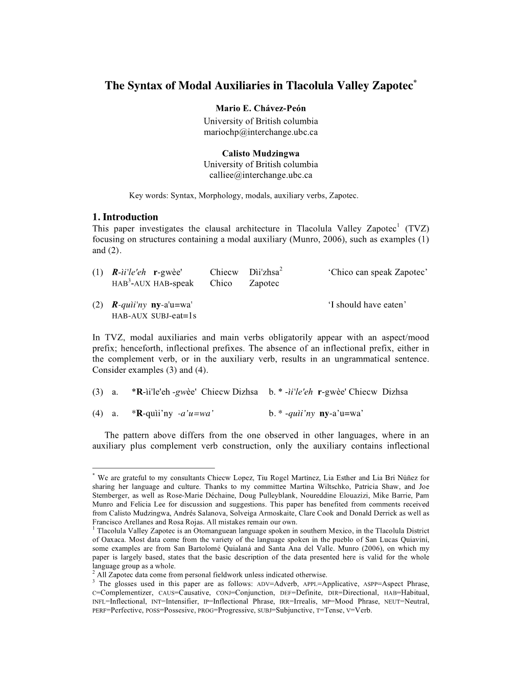 The Syntax of Modal Auxiliaries in Tlacolula Valley Zapotec*