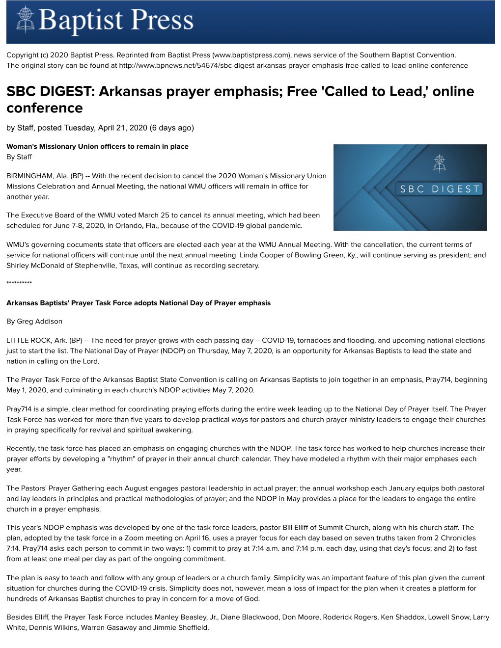 Arkansas Prayer Emphasis; Free 'Called to Lead,' Online Conference by Staff, Posted Tuesday, April 21, 2020 (6 Days Ago)