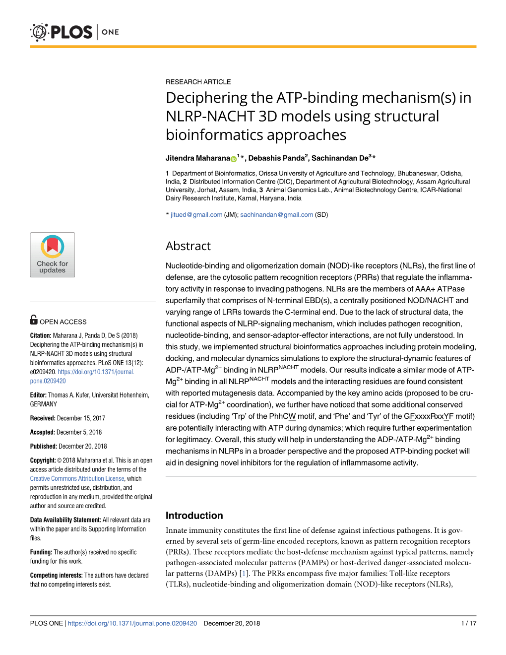 Deciphering the ATP-Binding Mechanism(S) in NLRP-NACHT 3D Models Using Structural Bioinformatics Approaches
