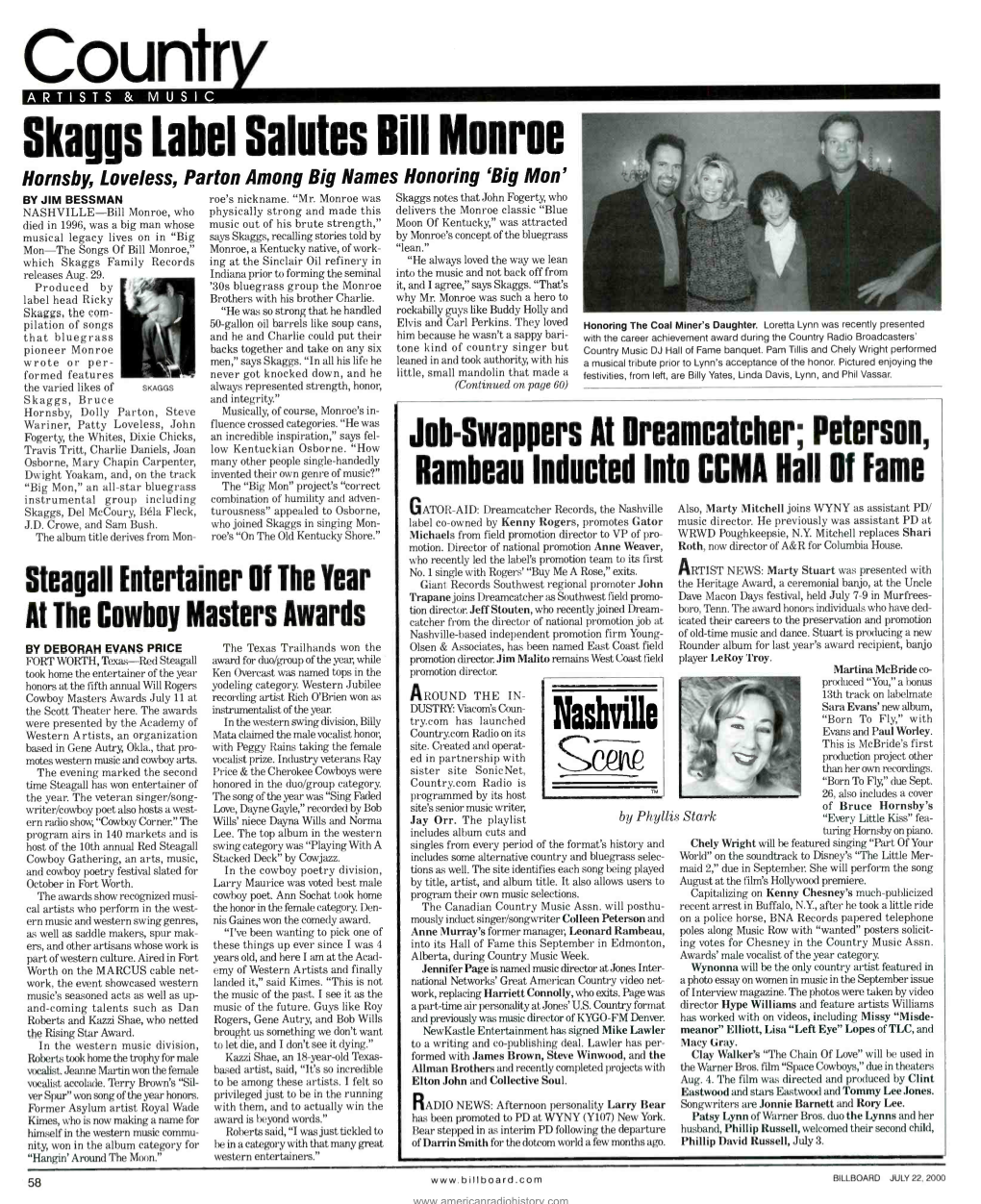 Skaggs Label Salutes Bill Monroe Hornsby, Loveless, Parton Among Big Names Honoring `Big Mon by JIM BESSMAN Roe's Nickname