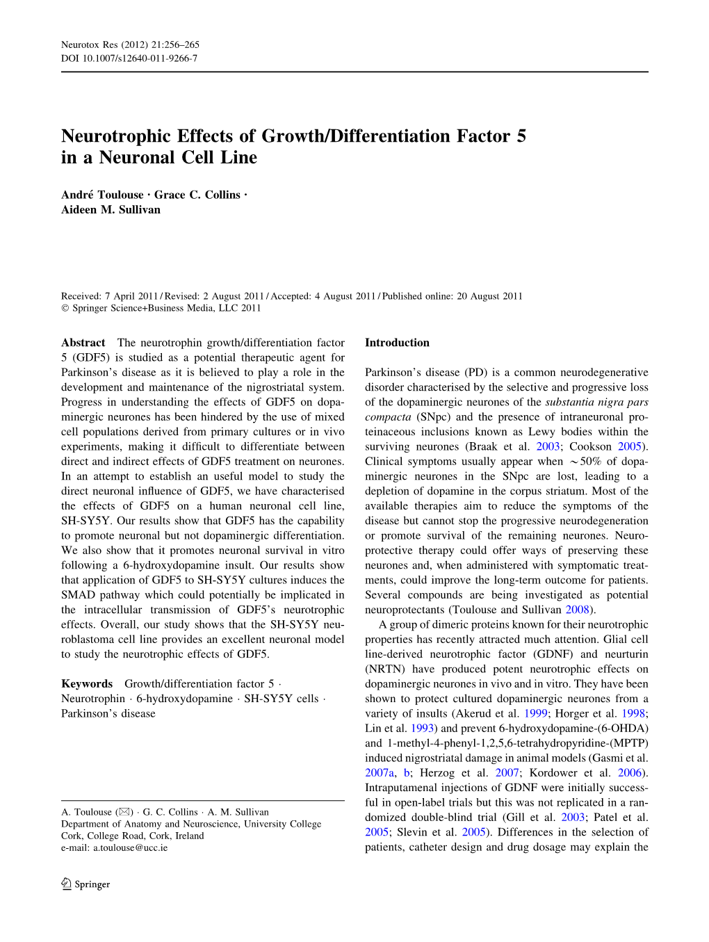 Neurotrophic Effects of Growth/Differentiation Factor 5 in a Neuronal Cell Line