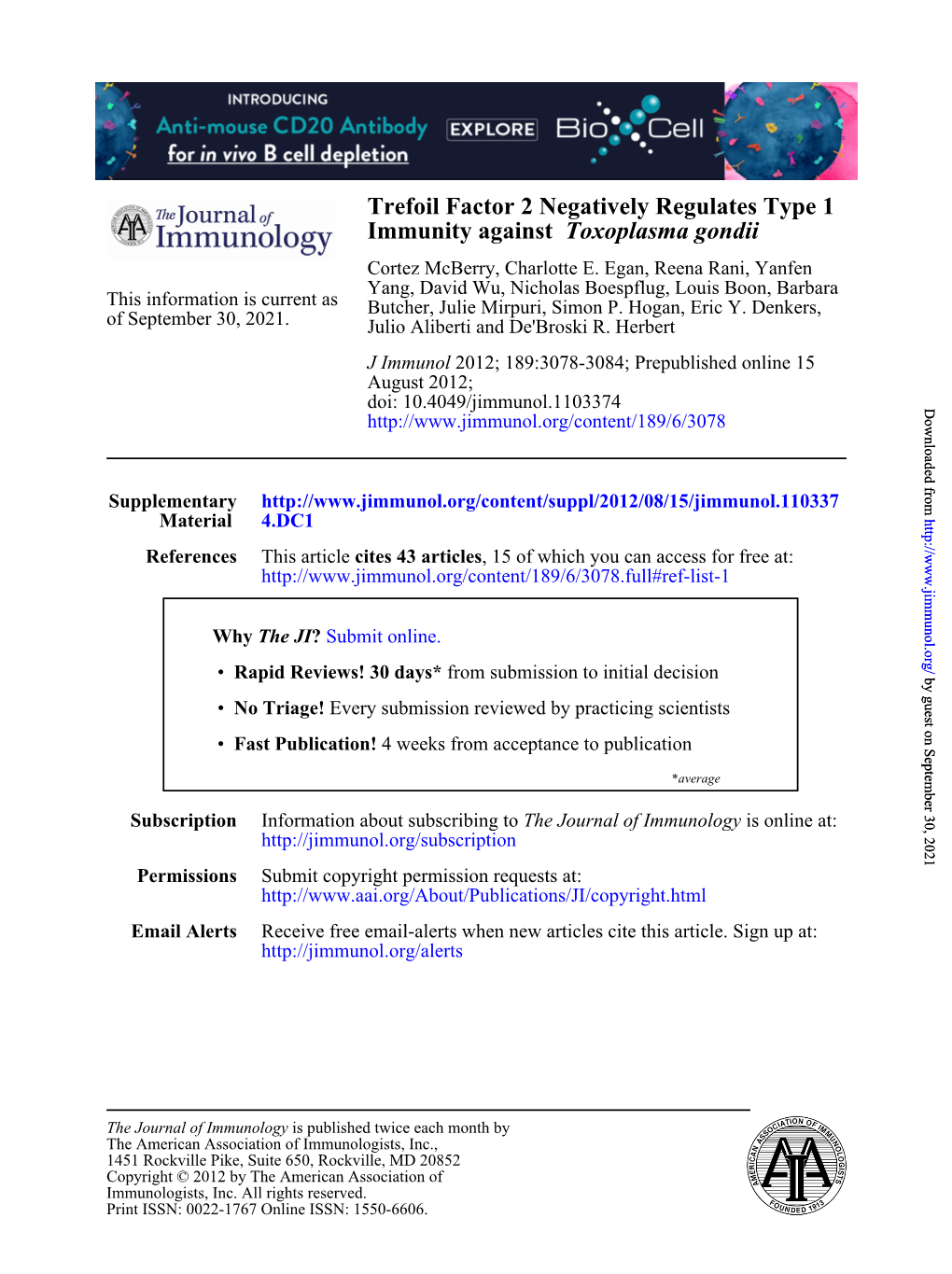 Toxoplasma Gondii Immunity Against Trefoil Factor 2 Negatively