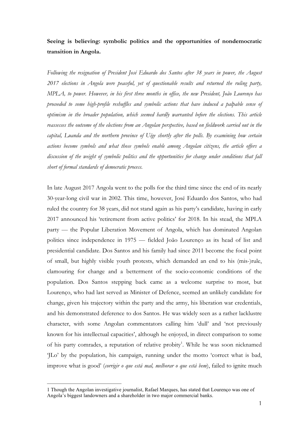 Symbolic Politics and the Opportunities of Nondemocratic Transition in Angola