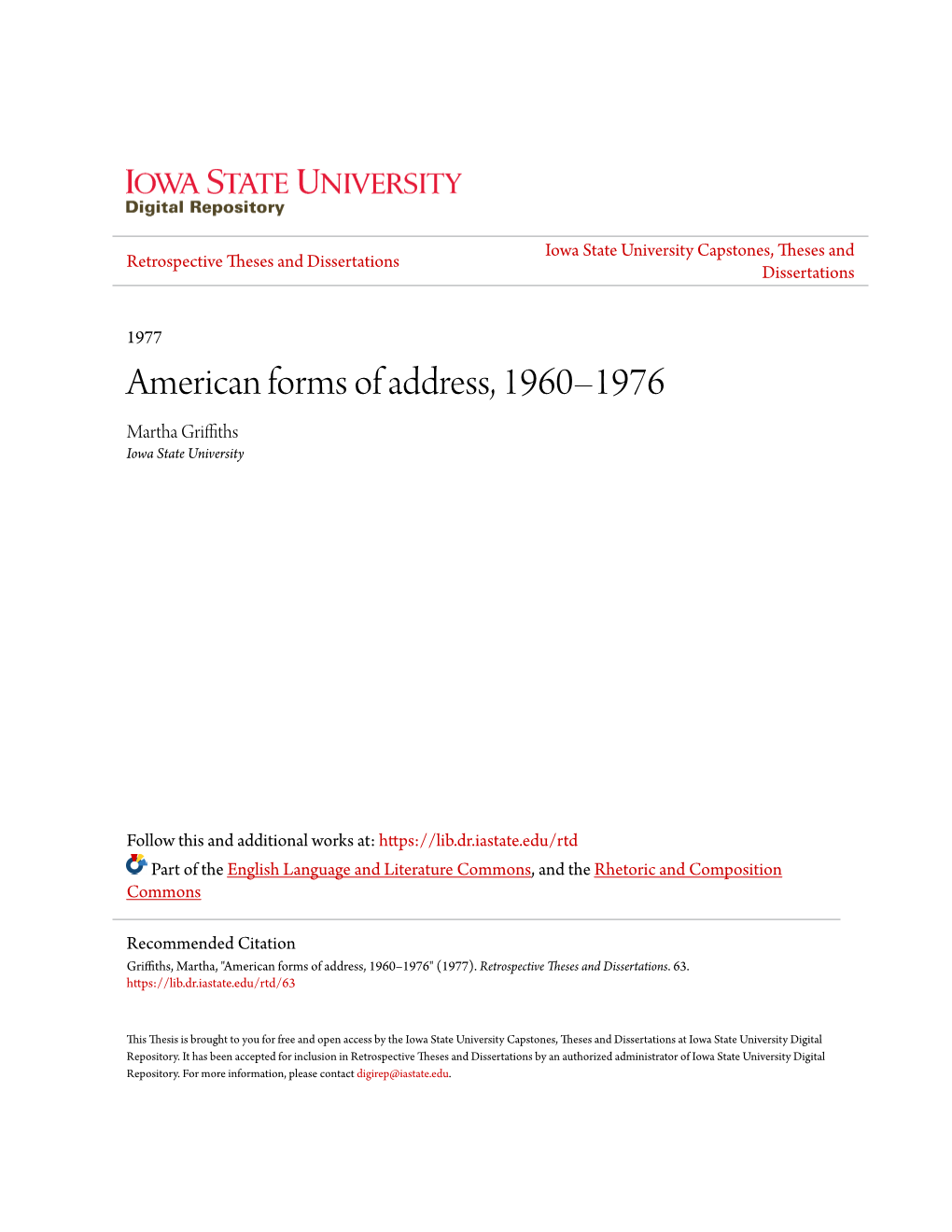 American Forms of Address, 1960Â•Fi1976