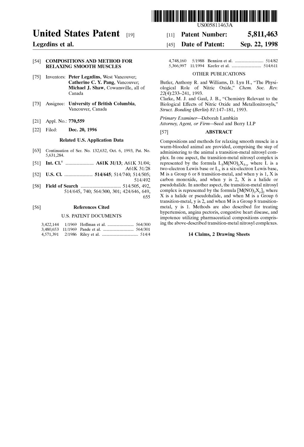 United States Patent (19) 11 Patent Number: 5,811,463 Legzdins Et Al