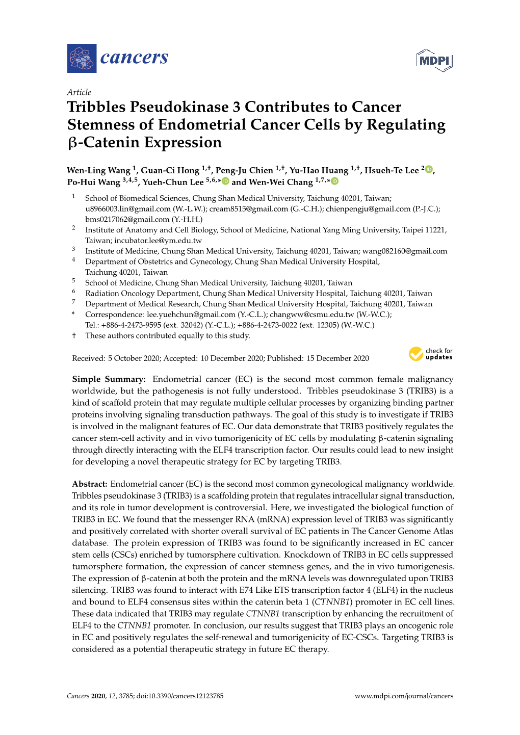 Tribbles Pseudokinase 3 Contributes to Cancer Stemness of Endometrial Cancer Cells by Regulating Β-Catenin Expression