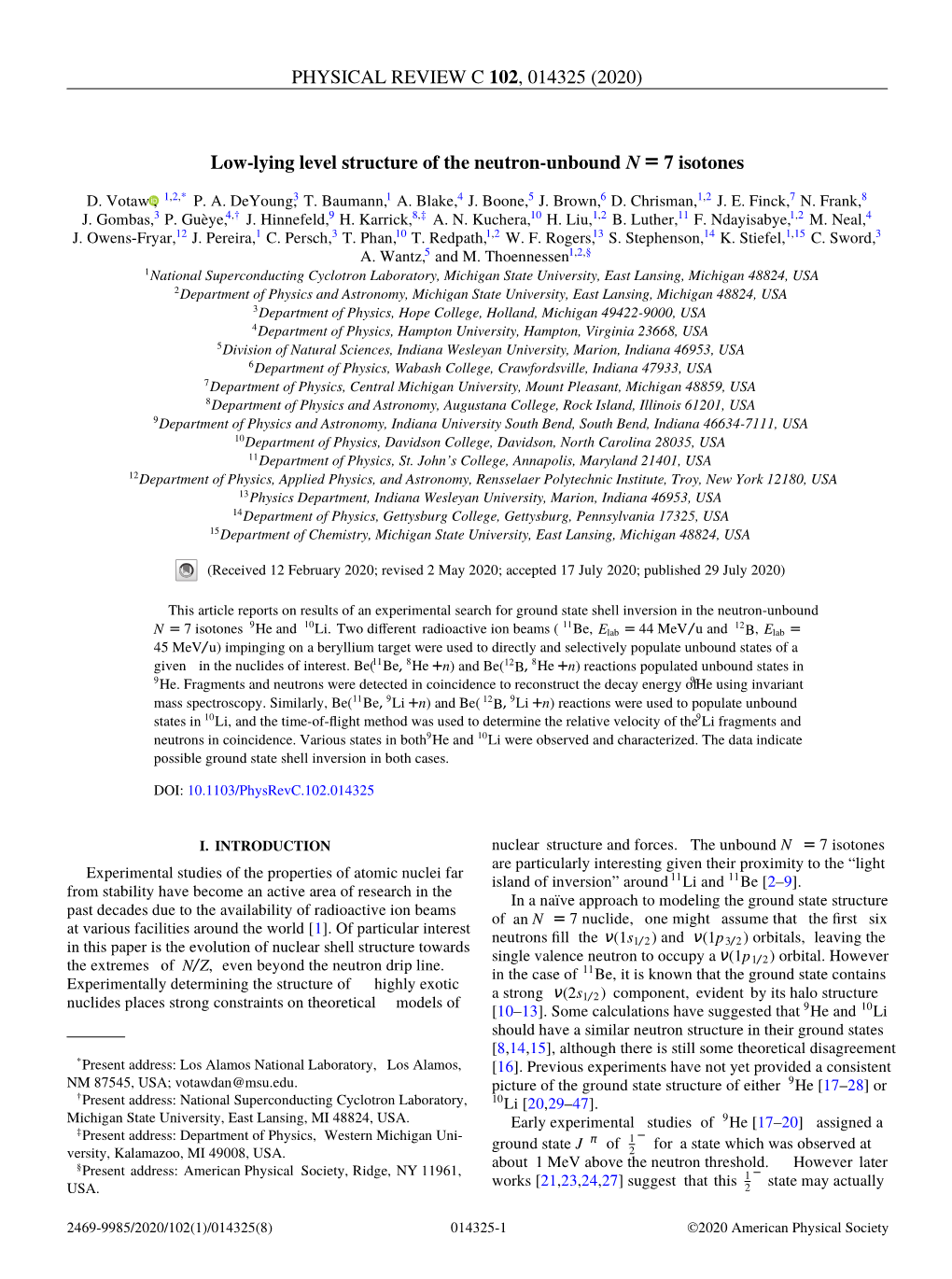 (2020) Low-Lying Level Structure of the Neutron-Unbound N = 7 Isotones