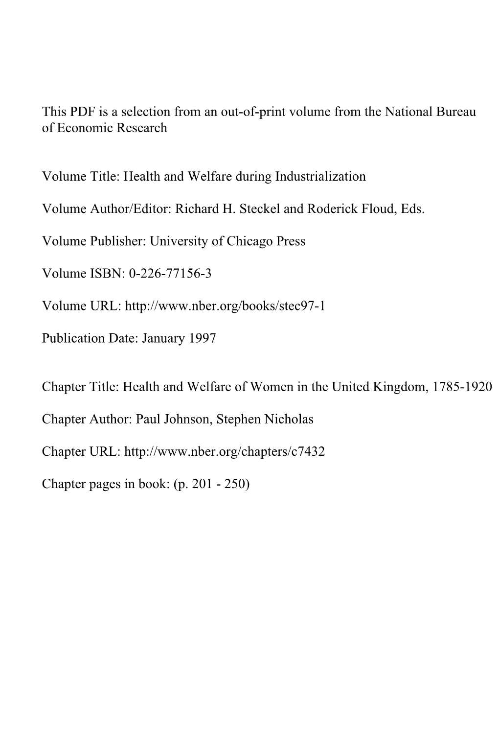 Health and Welfare of Women in the United Kingdom, 1785-1920