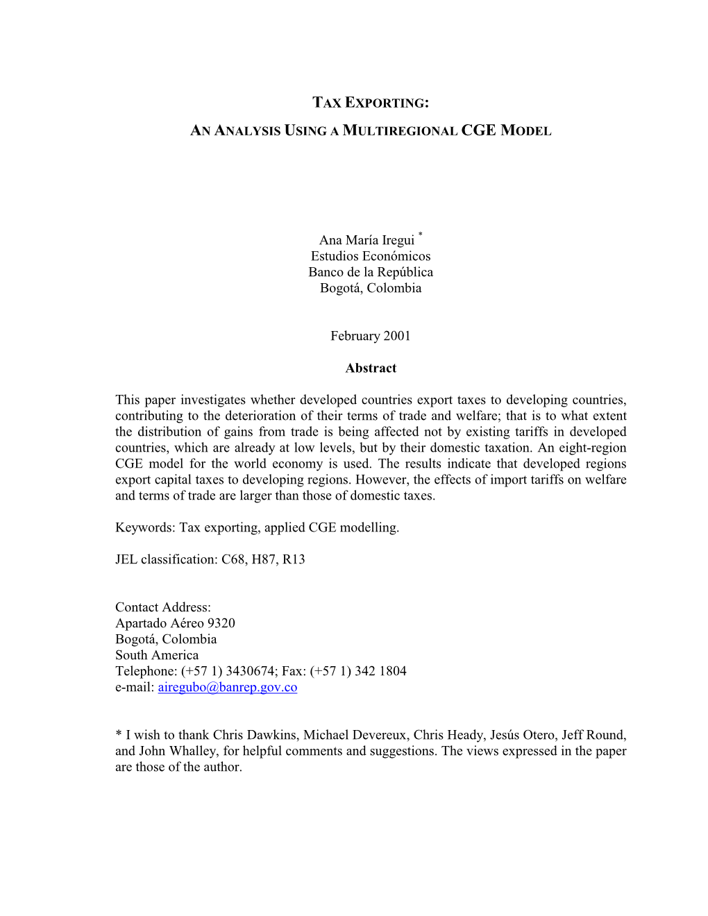 Tax Exporting: an Analysis Using a Multiregional Cge Model