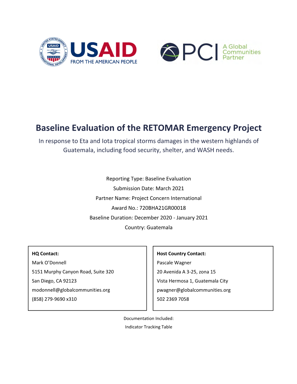 Baseline Evaluation of the RETOMAR Emergency Project