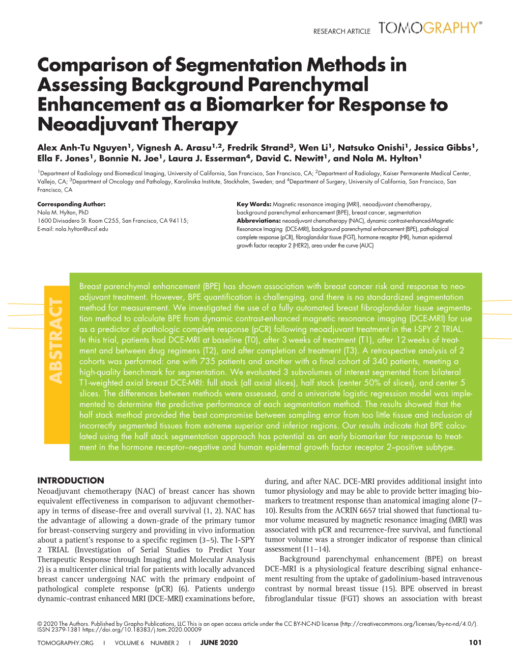 Comparison of Segmentation Methods in Assessing Background Parenchymal Enhancement As a Biomarker for Response to Neoadjuvant Therapy