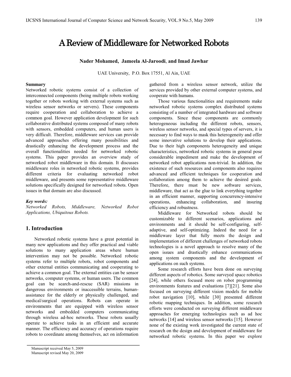 A Review of Middleware for Networked Robots