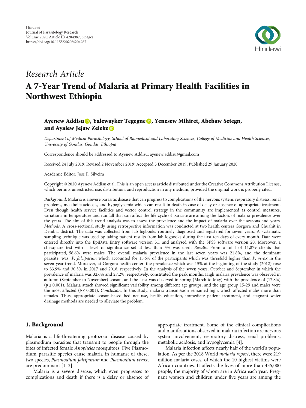 A 7-Year Trend of Malaria at Primary Health Facilities in Northwest Ethiopia