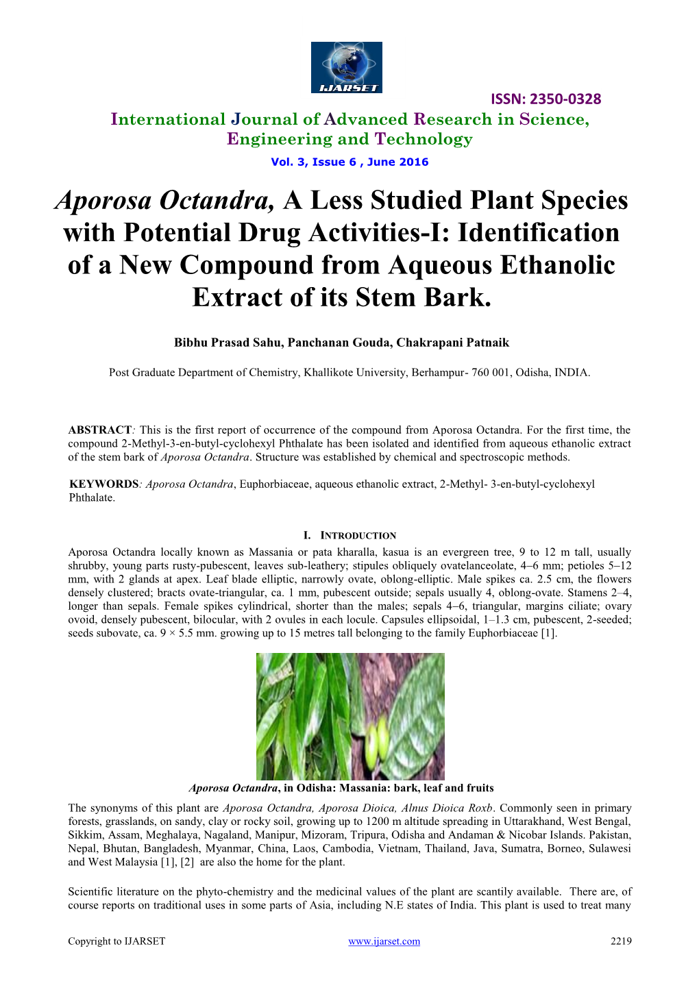 Aporosa Octandra, a Less Studied Plant Species with Potential Drug Activities-I: Identification of a New Compound from Aqueous Ethanolic Extract of Its Stem Bark